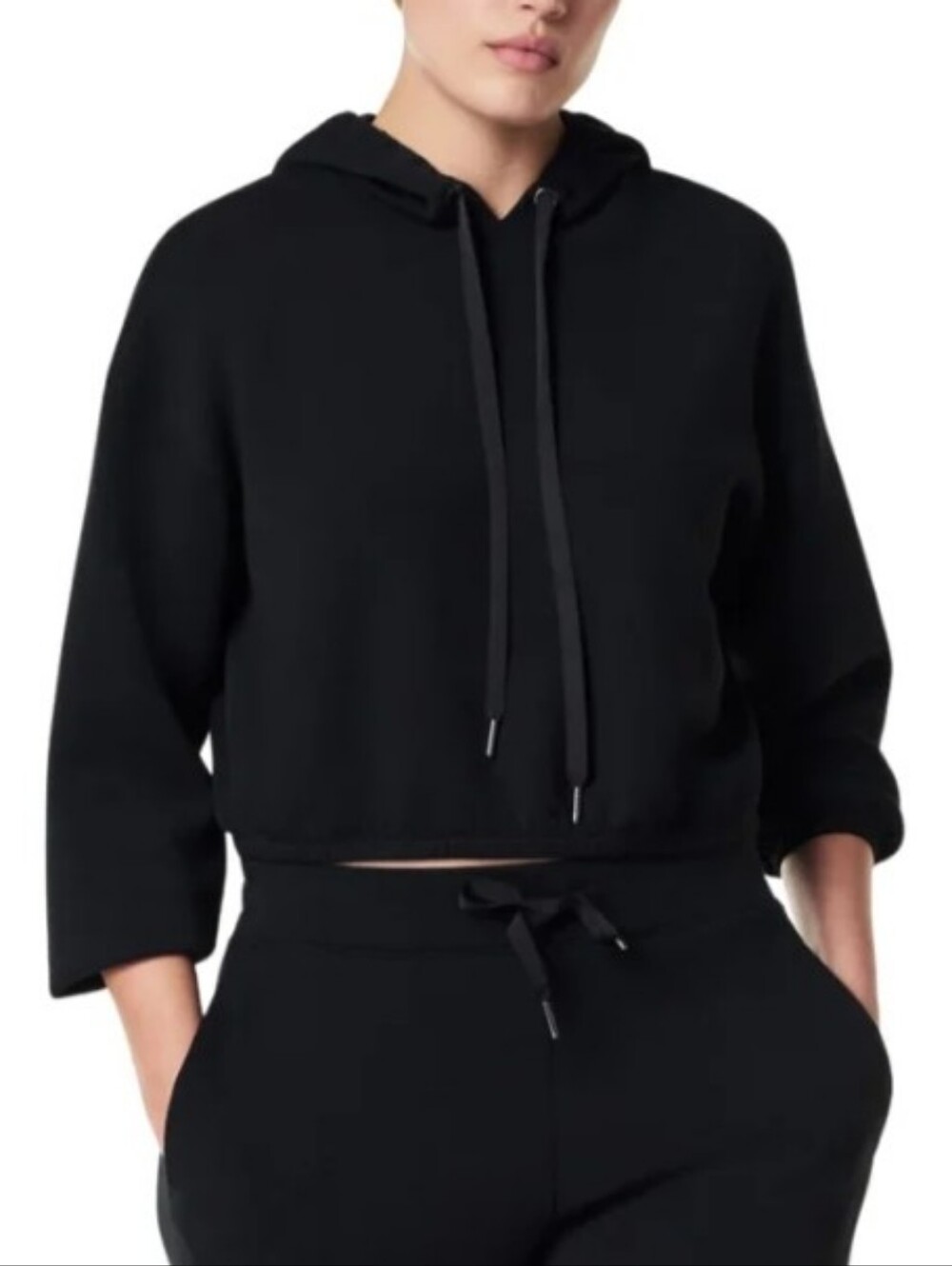 Spanx Air Essentials Cinched Cropped Hoodie Sweatshirt with Drawstring Black
